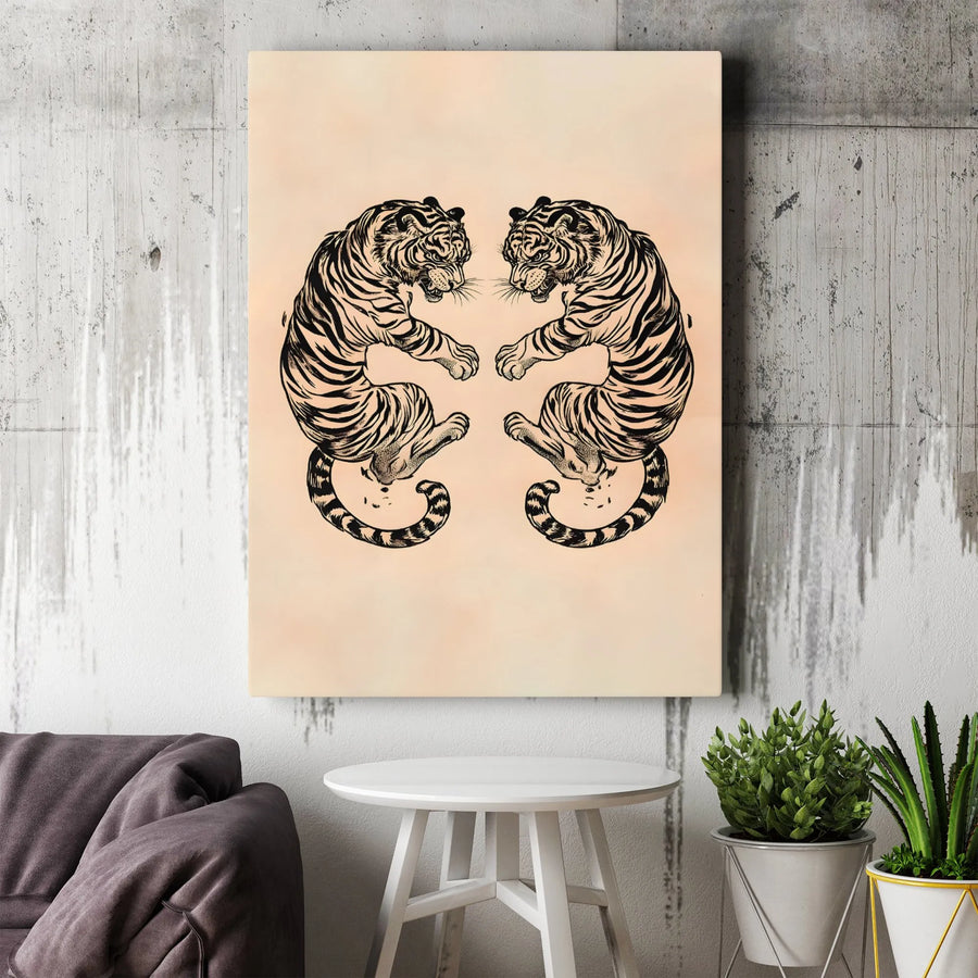 Japanese Tiger Art Canvas | Vintage Style Dual Tiger Print | Premium Gallery-Wrapped 1.25" Profile | Aesthetic Home Decor Gift