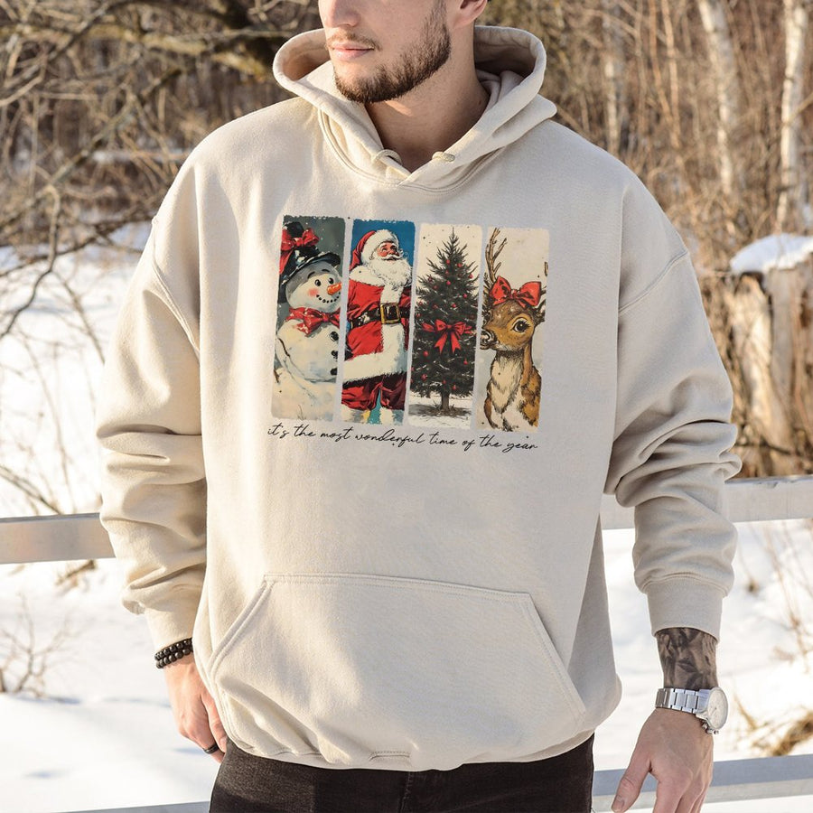 Vintage Christmas Hoodie | Retro Santa Reindeer & Snowman Graphic | Premium Cotton Blend | Holiday Coquette Bow Gift for Women & Men