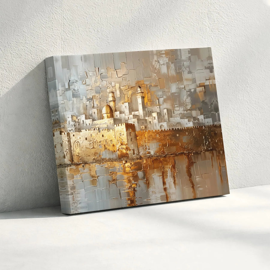 Jerusalem Old City Canvas Wall Art | Abstract Dome Of The Rock Gold Texture | Premium Gallery-Wrapped Print | Modern Home Decor Gift