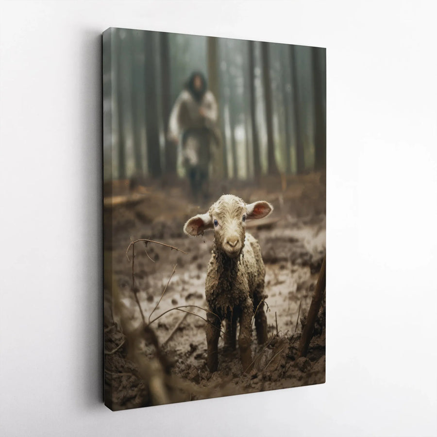 Shepherd Finding Lost Lamb Canvas Art | Biblical Parable Forest Scene | Premium Gallery Wrap Wall Decor | Christian Home Gift For Believers