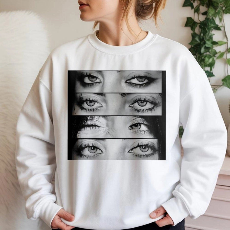 Artistic Eye Collage Sweatshirt | Surreal Black and White Graphic | Premium Cotton Blend | Unisex Aesthetic Gift for Music Fans