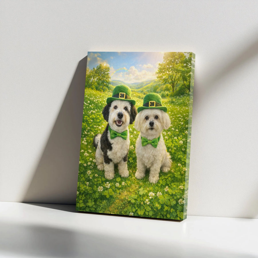 St Patricks Day Dogs Canvas Wall Art | Cute Leprechaun Dogs in Clover Field | Premium Gallery Wrapped Print | Seasonal Irish Home Decor Gift for Dog Lovers