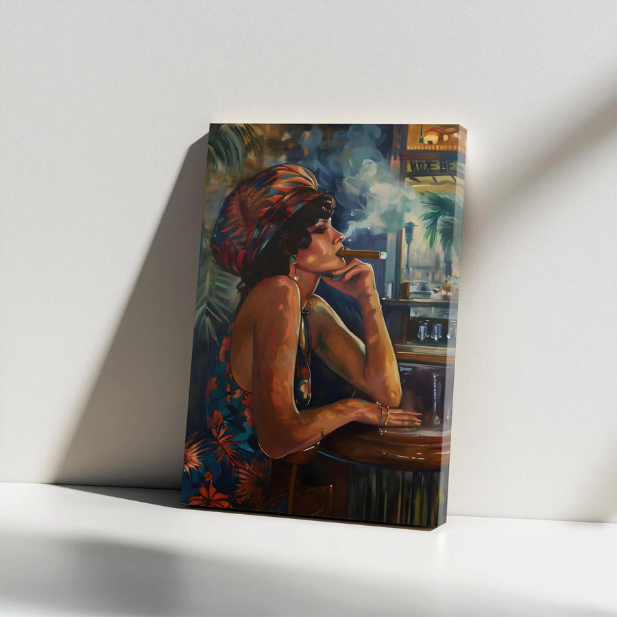 Elegant Woman Smoking Cigar Canvas Print | Vintage Speakeasy Bar Painting | Premium Gallery Wrapped Canvas | Man Cave & Home Bar Decor Gift