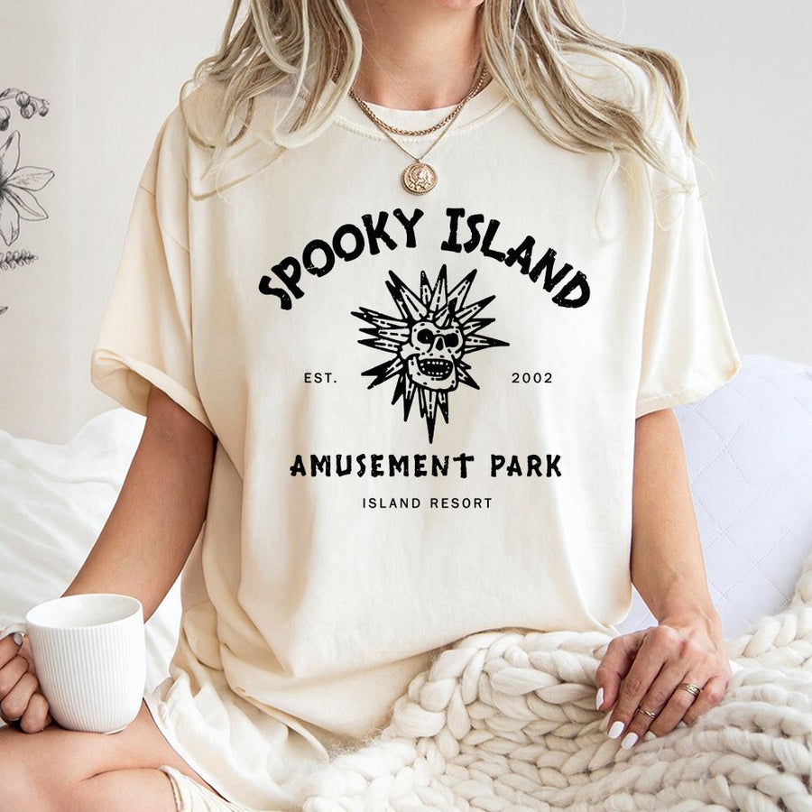 Spooky Island Amusement Park T-Shirt | Retro Horror Skull Graphic Design | 100% Cotton Premium Tee | Unique Halloween Gift for Movie Fans