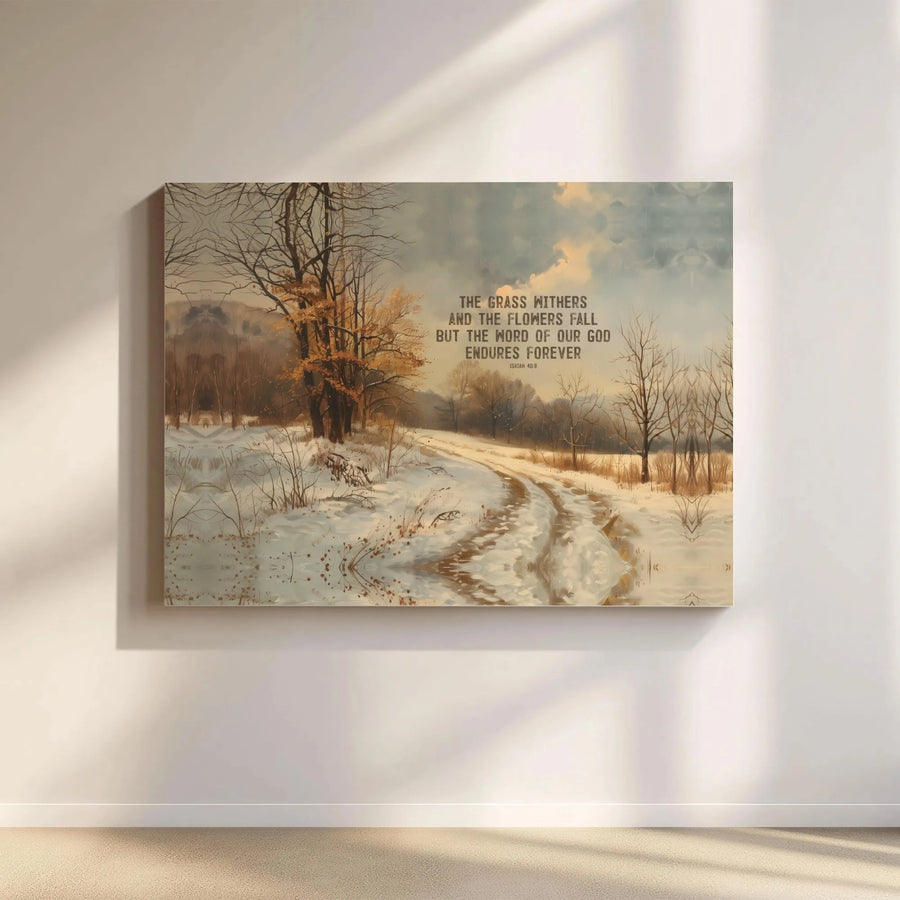 Isaiah 40:8 Bible Verse Wall Art | Winter Landscape Scripture Print | Premium Gallery Wrapped Canvas | Faithful Christian Home Decor Gift
