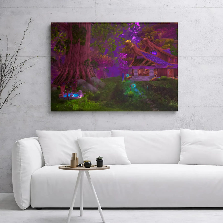 Enchanted Forest Canvas Wall Art | Mystical Elven Cottage Landscape | Premium Gallery Wrapped Print | Fantasy Decor Gift for Gamers