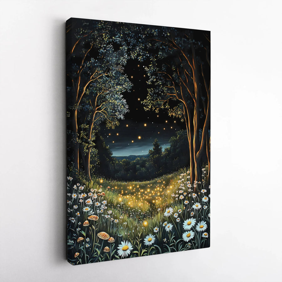 Magical Forest Canvas Print | Glowing Fireflies and Daisies Art | Premium Gallery-Wrapped Wall Decor | Enchanted Nature Landscape Gift