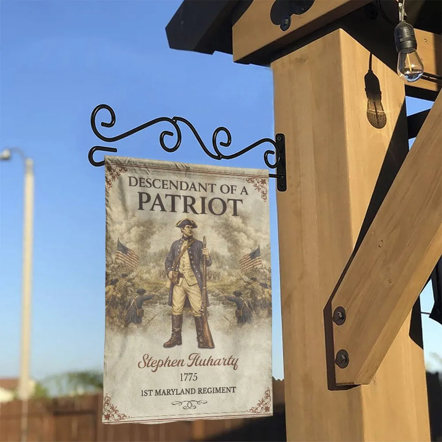 Descendant of a Patriot Garden Flag | Vintage Revolutionary War Soldier 1775 Design | Double-Sided Premium Weather-Resistant Polyester | Patriotic Heritage Gift for History Buffs