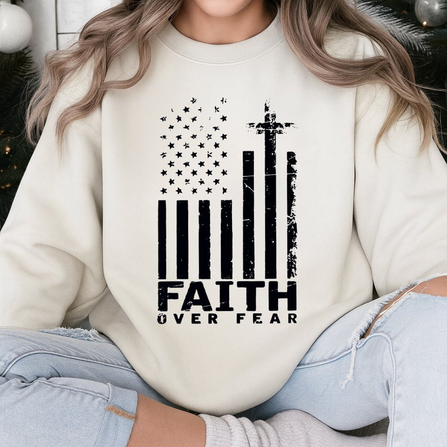 Faith Over Fear Sweatshirt | American Flag Cross Design | Premium Cotton Blend | Patriotic Christian Gift for Men and Women