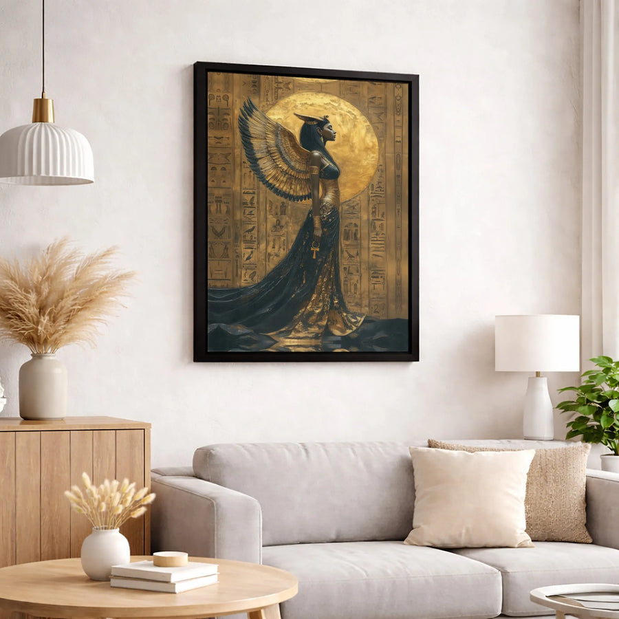 Egyptian Goddess Canvas Print | Golden Wings Ankh Wall Art | Premium Gallery Wrapped Decor | Mythological Gift For History Lovers