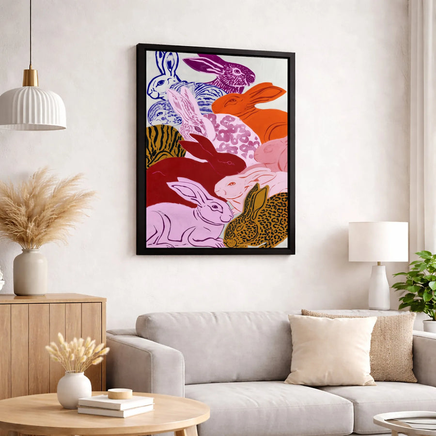 Colorful Rabbit Pop Art Canvas | Modern Animal Print Bunny Illustration | Gallery Quality Thick Profile | Whimsical Home Decor Gift