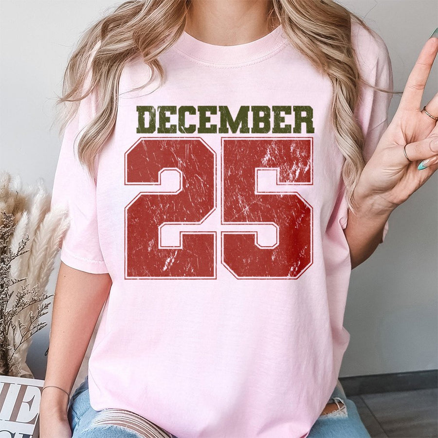 December 25 Christmas T-Shirt | Retro Varsity Number Graphic | Premium 100% Cotton Tee | Unisex Holiday Gift for Men and Women