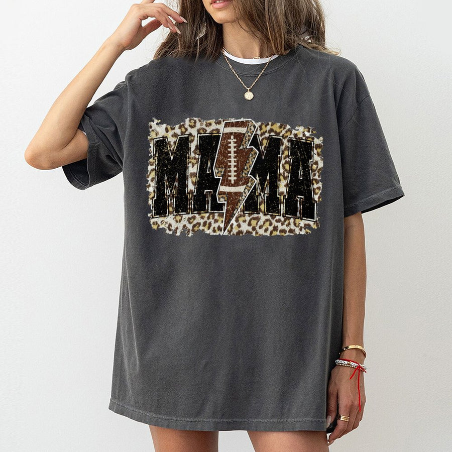 Football Mama T-Shirt | Leopard Print Lightning Bolt Graphic | Premium 100% Cotton Tee | Game Day Gift for Football Moms