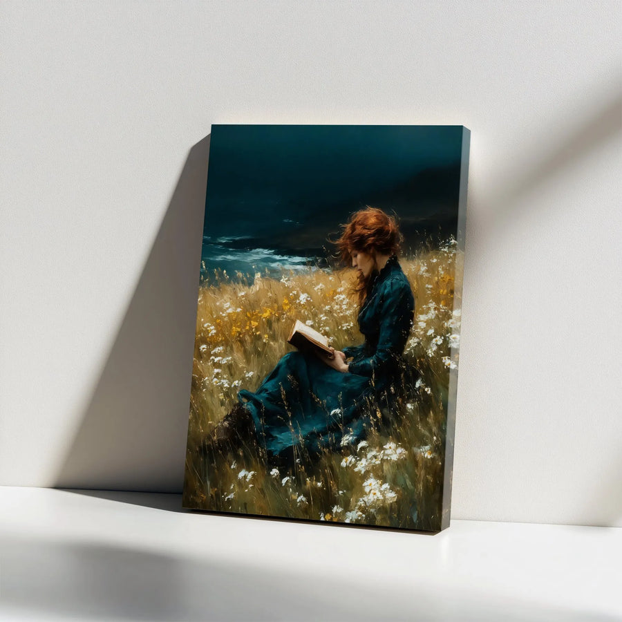 Woman Reading Book Canvas Wall Art | Moody Wildflower Meadow Landscape | Premium Gallery Wrap Print | Romantic Cottagecore Home Decor Gift