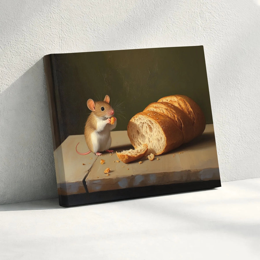 Cute Mouse Eating Bread Canvas Wall Art | Whimsical Still Life Animal Portrait | Premium Fade-Resistant Print | Gallery-Quality Decor for Kitchen or Nursery