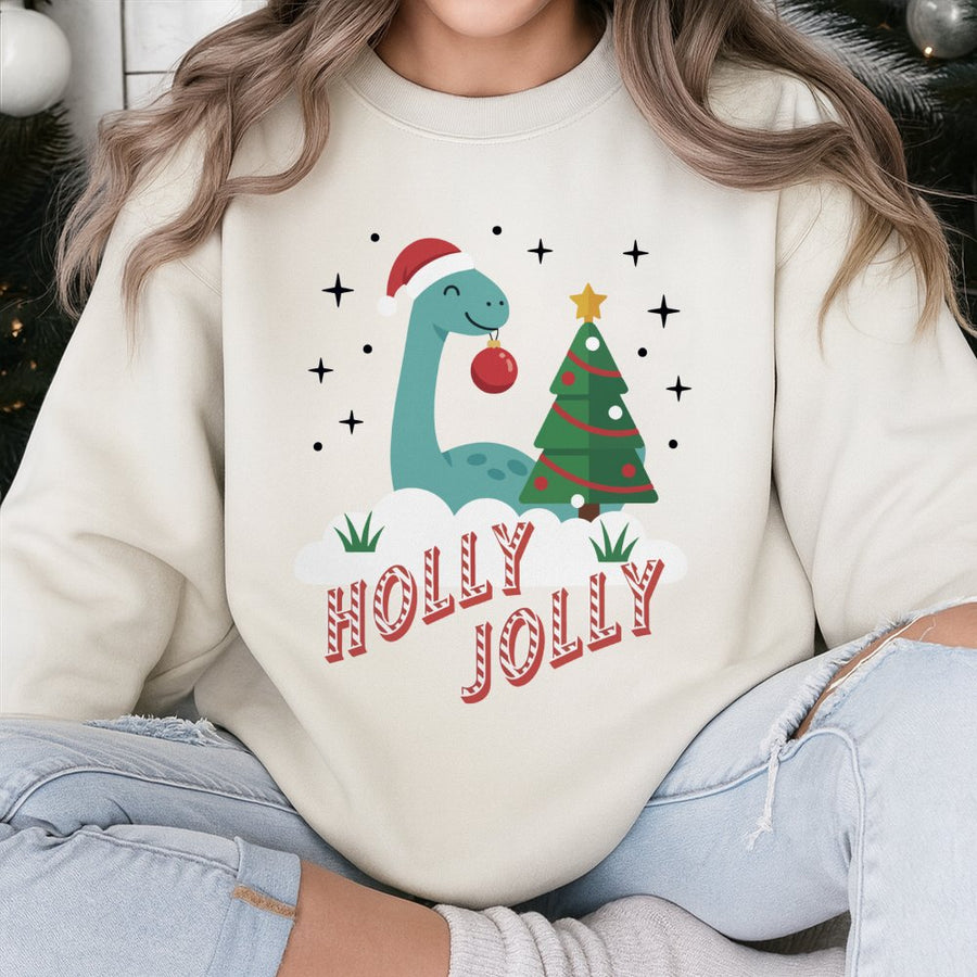 Holly Jolly Dinosaur Christmas Sweatshirt | Cute Festive Dino Graphic | Premium Cotton-Poly Blend | Unisex Holiday Gift for Dino Lovers