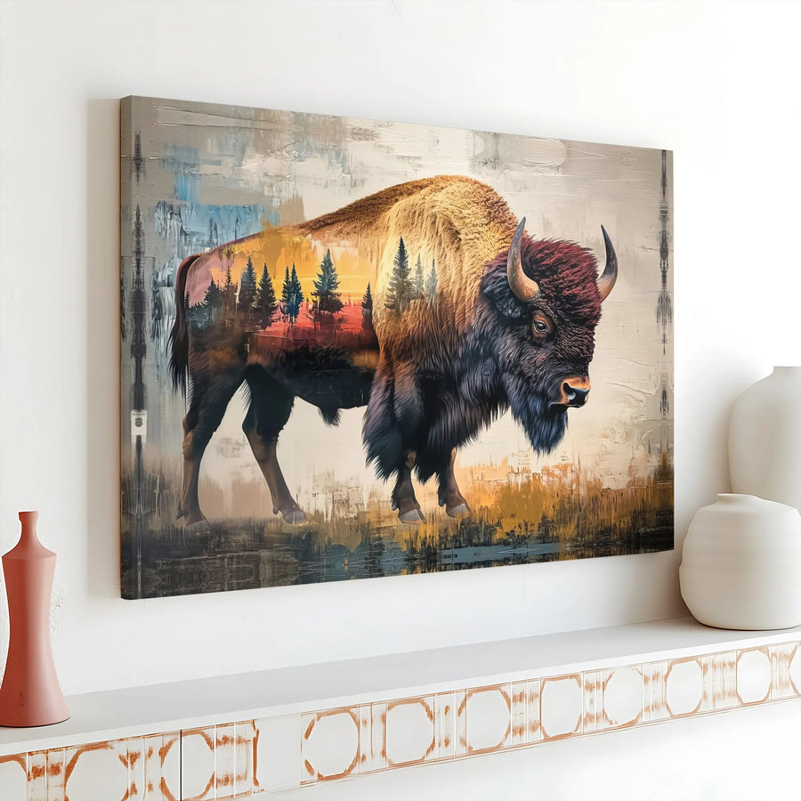 Bison Canvas Wall Art | Abstract Buffalo with Double Exposure Forest | Premium Gallery Wrapped Canvas | Rustic Wildlife Decor Gift for Nature Lovers