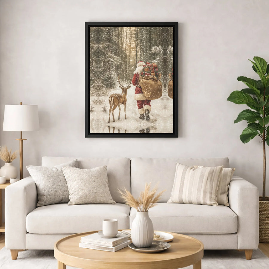 Santa Claus With Reindeer Canvas Wall Art | Snowy Forest Winter Wonderland Scene | Premium Gallery Wrap Print | Christmas Holiday Home Decor Gift