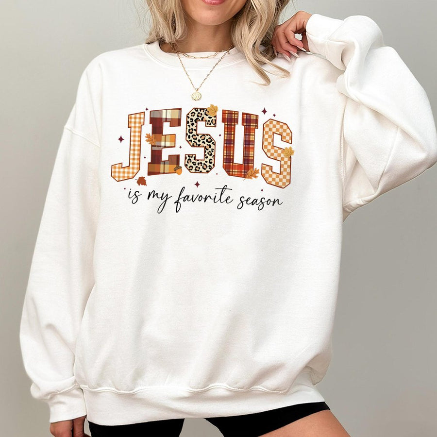 Jesus Is My Favorite Season Sweatshirt | Plaid Leopard Fall Aesthetic Print | Premium Cotton Blend Crewneck | Christian Faith Gift for Women