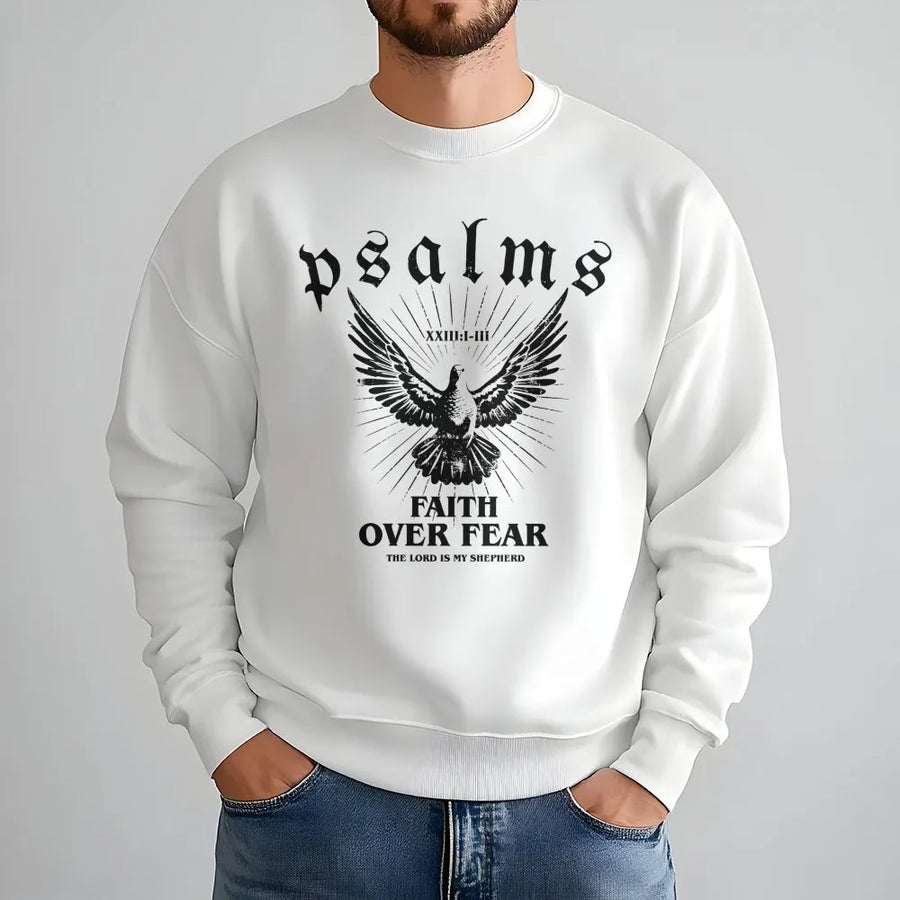 Faith Over Fear Sweatshirt | Psalms 23 Bible Verse Dove Design | Premium Cotton Blend Christian Apparel | Religious Gift for Men and Women