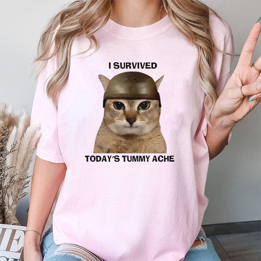 I Survived Today's Tummy Ache T-Shirt | Funny Cat Meme Graphic Tee | Premium 100% Cotton Shirt | Unisex Gift for Cat Lovers & Gen Z Humor