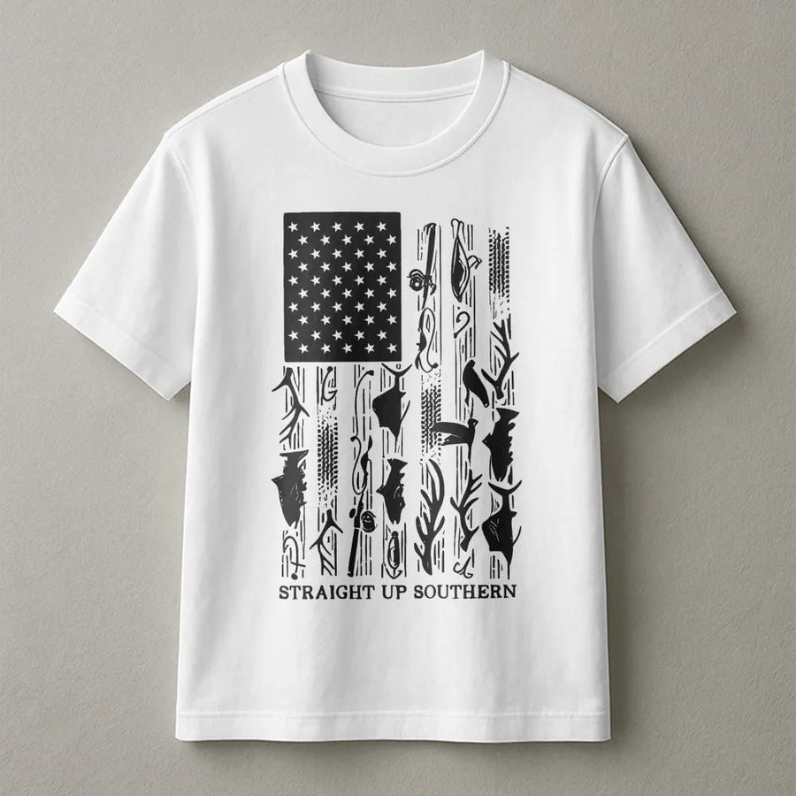 Hunting Fishing Flag T-Shirt | Southern Outdoorsman American Flag Design | Premium Cotton Blend | Gift for Hunter