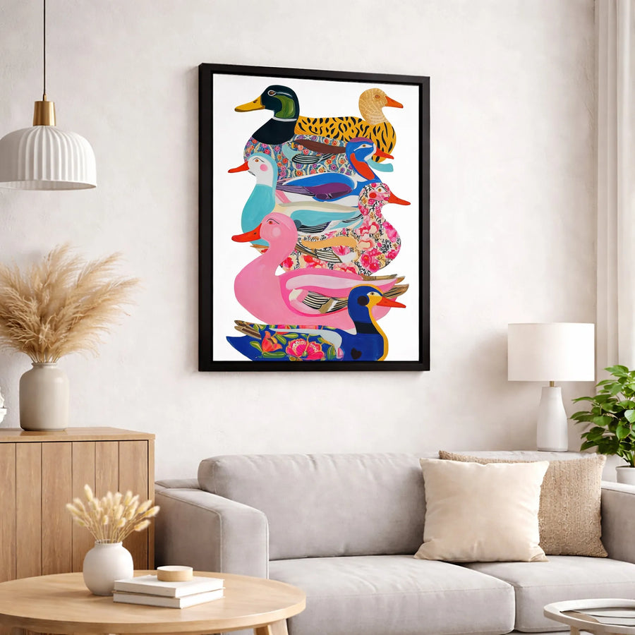Colorful Duck Stack Canvas Art | Whimsical Floral Duck Wall Decor | 1.25 Inch Premium Gallery Wrap | Unique Wildlife Nursery or Living Room Gift