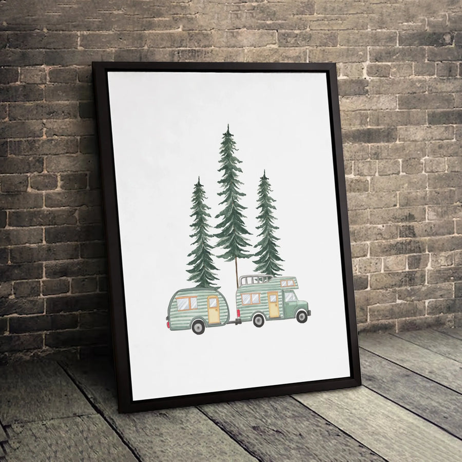 Vintage Camper Van Canvas Print | Watercolor Pine Trees Wall Art | Gallery Quality 1.25-inch Profile | Nature Lover Home Decor Gift