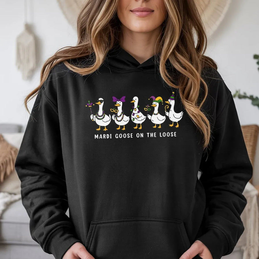 Mardi Gras Goose Hoodie | Funny Mardi Goose On The Loose Design | Soft Cotton Blend Graphic Sweatshirt | Cute Festival Gift For New Orleans Lovers
