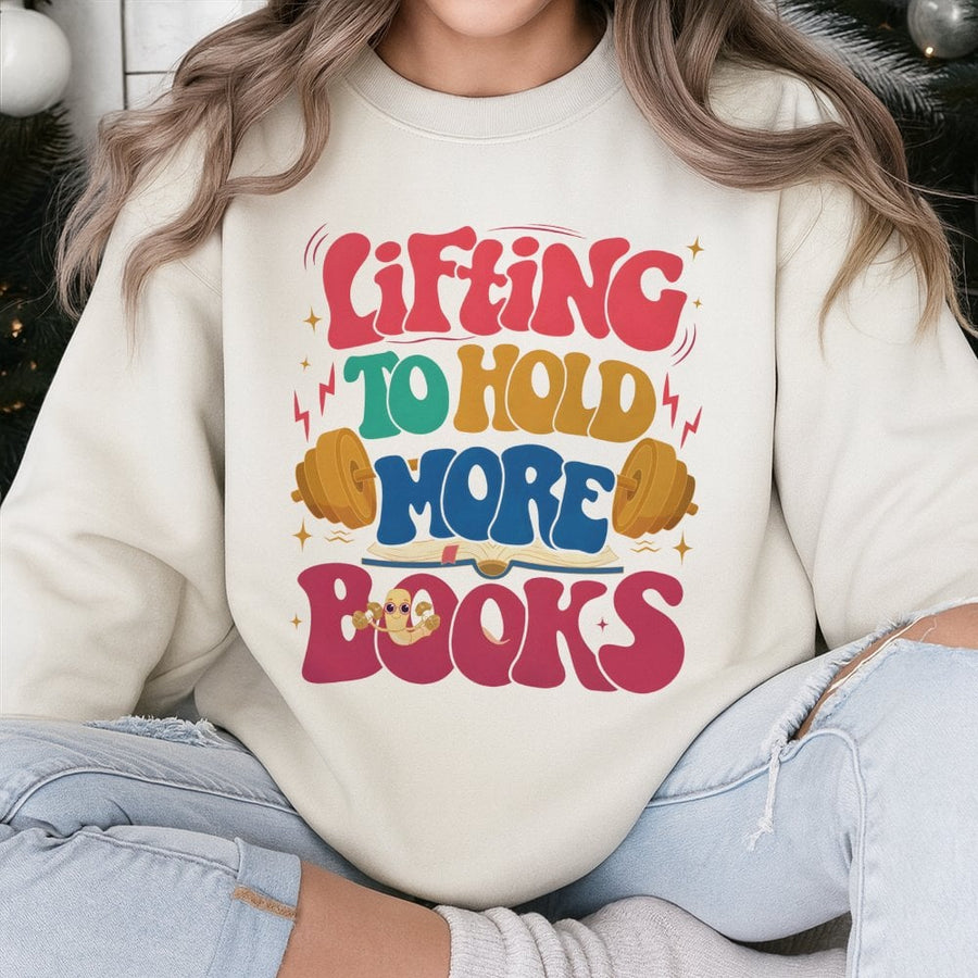 Lifting To Hold More Books Sweatshirt | Retro Gym Workout Graphic Design | Premium Cotton Blend | Gift For Readers And Fitness Lovers