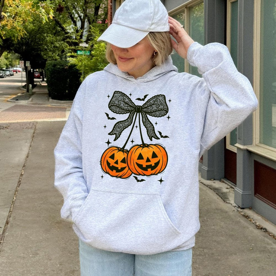 Spooky Pumpkin Cherry Bow Hoodie | Cute Halloween Aesthetic Sweatshirt | Premium Cotton-Poly Blend | Cozy Gift for Women and Teens