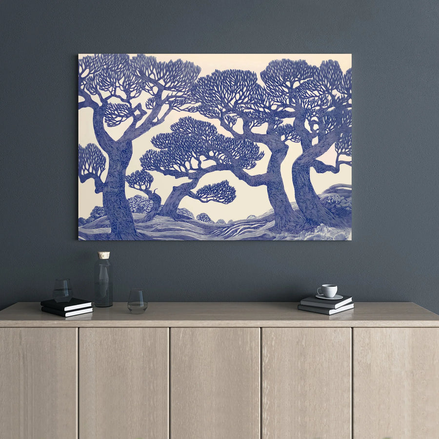 Gnarled Trees Landscape Canvas Wall Art | Blue Linocut Style Illustration | Premium 1.25-Inch Gallery Wrap | Modern Home Office Decor