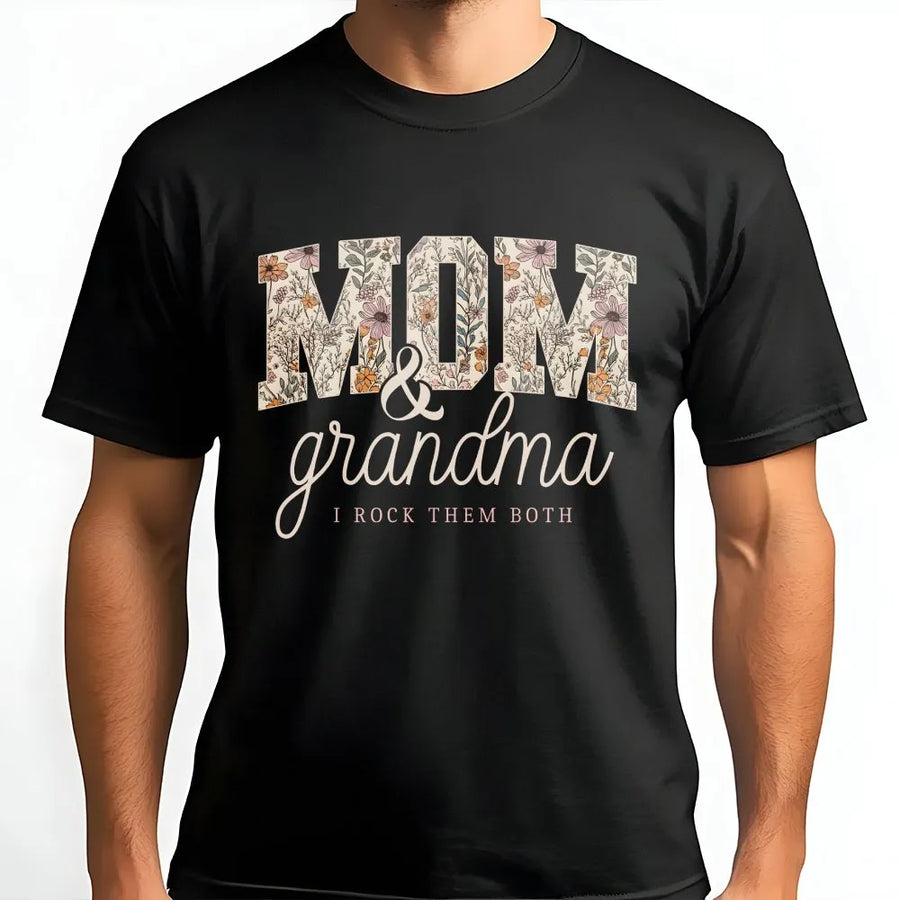 Mom and Grandma T-Shirt | Vintage Floral Graphic Tee with 'I Rock Them Both' | Soft Cotton | Unique Mother's Day Gift for Grandma