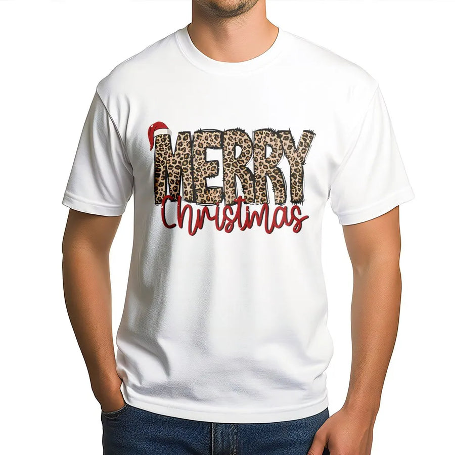 Merry Christmas T-Shirt | Leopard Print Santa Hat Holiday Graphic | Premium Cotton Unisex Tee | Cute Festive Women's Xmas Gift
