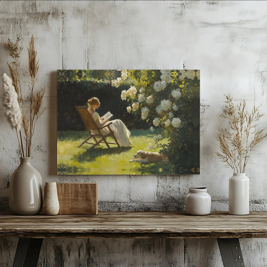 Vintage Woman Reading in Garden Canvas Print | Romantic Rose Garden Painting with Dog | Premium Gallery Wrapped Canvas | Cottagecore Wall Decor Gift for Book Lover