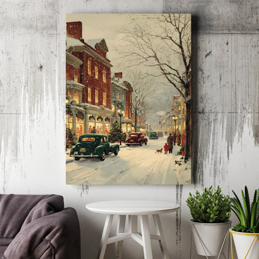 Vintage Christmas Town Canvas Wall Art | Snowy Street With Classic Cars | Premium Gallery Wrap Print | Festive Holiday Home Decor Gift