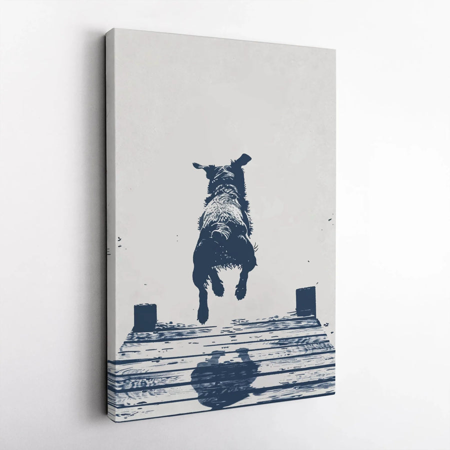Dog Jumping Off Dock Vertical Canvas | Minimalist Silhouette Wall Art | Premium Gallery Wrapped Print | Gift for Dog Lover, Lake House Decor