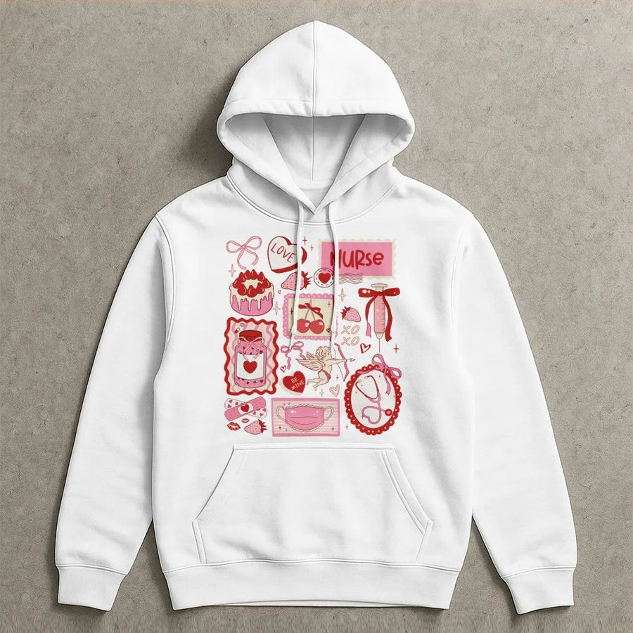 Nurse Valentine Hoodie | Coquette Aesthetic Medical Doodles | Premium Cotton Blend | Cute Healthcare Worker Gift for Her