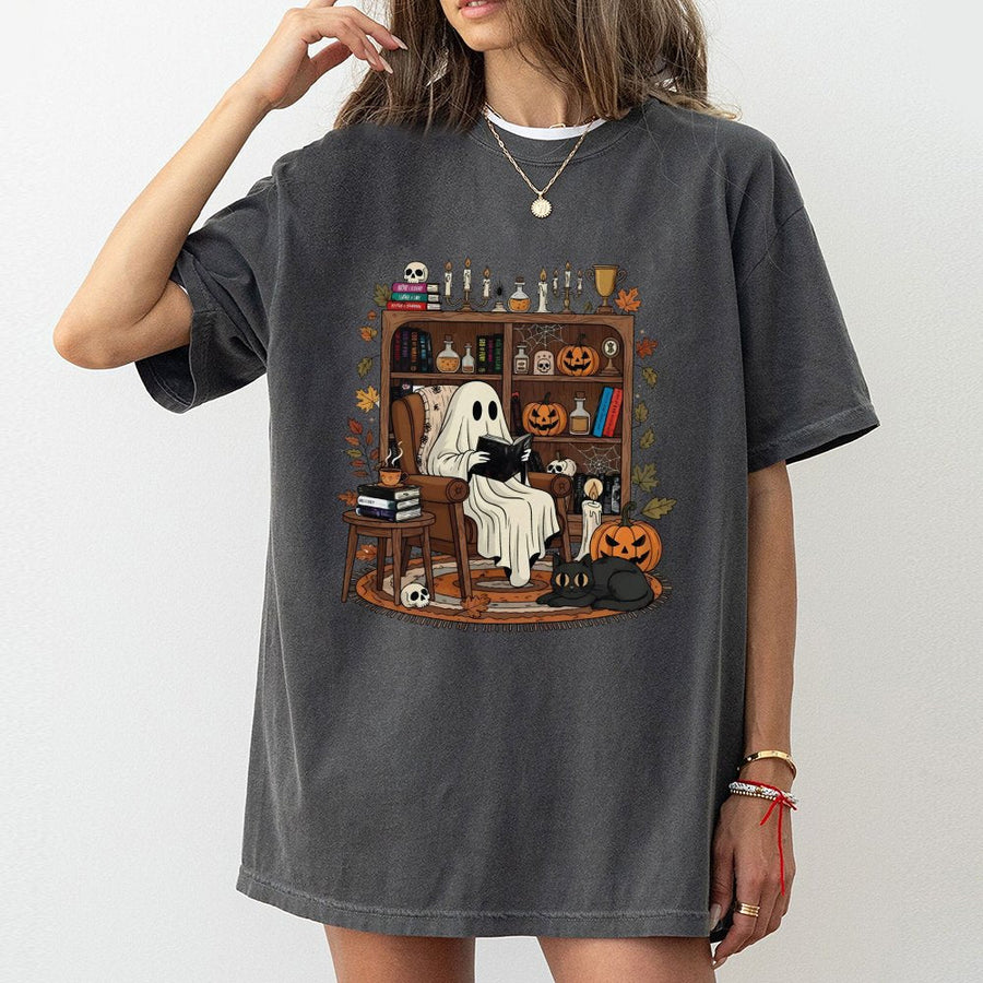 Cozy Ghost Reading T-Shirt | Spooky Bookshelf Librarian Design | Soft 100% Cotton Premium Tee | Halloween Book Lover Gift for Women