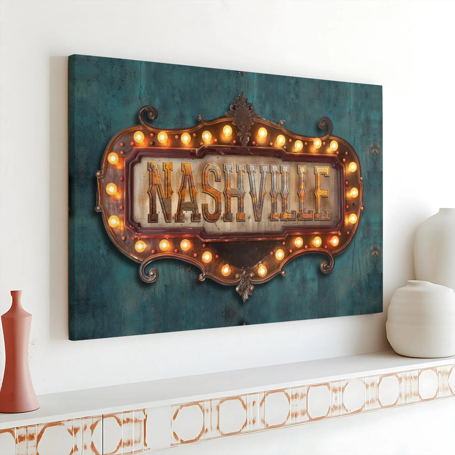 Nashville Marquee Sign Canvas Print | Vintage Neon Style Wall Art | 1.25-Inch Gallery Wrap | Industrial Home Decor Gift for Music Lovers