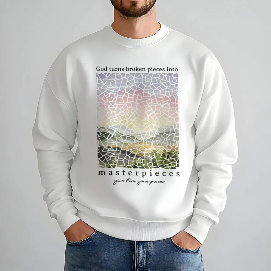 God Turns Broken Pieces Into Masterpieces Sweatshirt | Inspirational Stained Glass Landscape Art | Premium Cotton Blend | Faith-Based Religious Gift