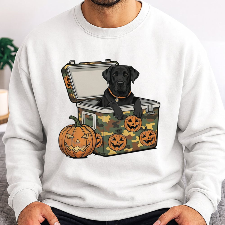 Black Lab Halloween Sweatshirt | Camo Cooler Pumpkin Design | Soft Cotton Blend Crewneck | Spooky Fall Hunting Gift for Dog Lovers
