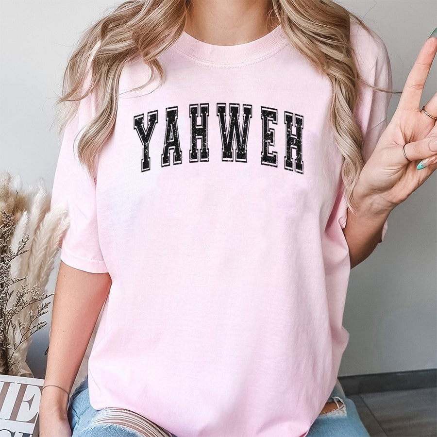 Yahweh T-Shirt | Distressed Varsity Letter Graphic | 100% Cotton Premium Quality | Christian Faith Apparel Gift for Men and Women