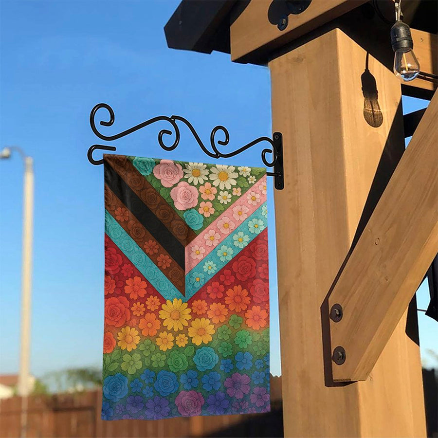 Progress Pride Garden Flag | Floral Inclusive Rainbow Chevron Design | Durable Double-Sided Polyester | LGBTQ+ Outdoor Yard Decor Gift