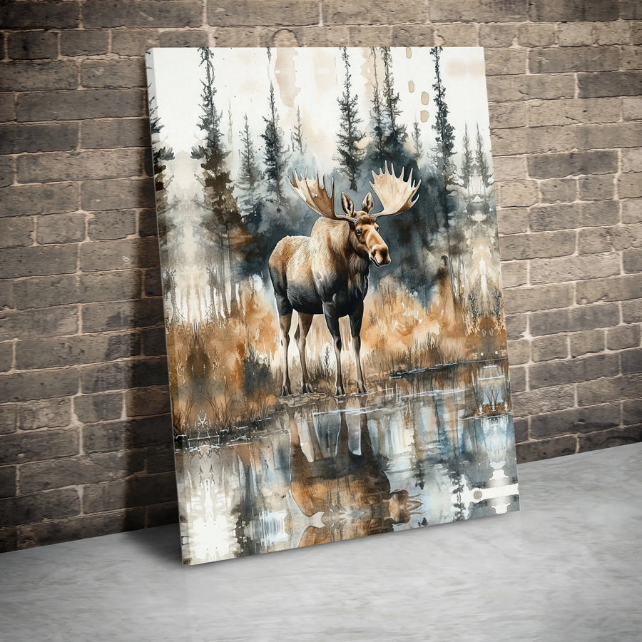 Watercolor Moose Canvas Wall Art | Rustic Forest Lake Wildlife Print | Premium Gallery-Wrapped Decor | Lodge Cabin Home Gift