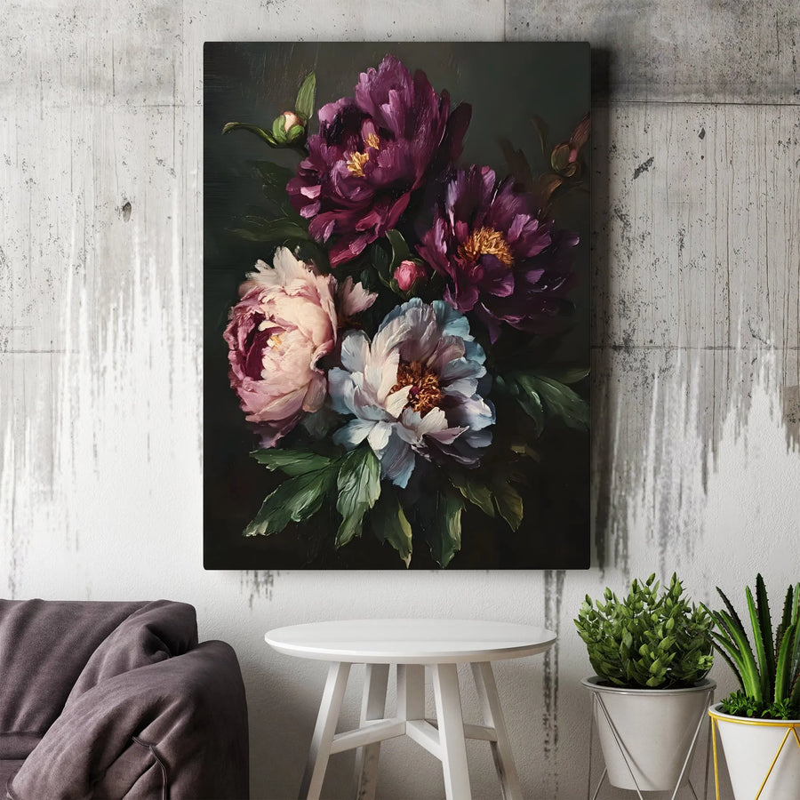Moody Peony Floral Canvas Print | Dark Botanical Oil Painting Wall Art | Premium Gallery-Wrapped Decor | Elegant Gift for Flower Lovers