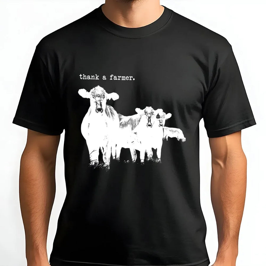 Thank A Farmer T-Shirt | Rustic Cattle Ranching Graphic | Premium Cotton Unisex Tee | Western Style Gift for Cattlemen and Farmers