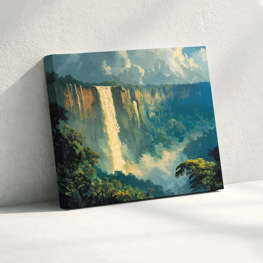Majestic Waterfall Canvas Art | Tropical Jungle Cliff Landscape | Premium Gallery Wrapped Print | Nature Wall Decor Gift for Living Room
