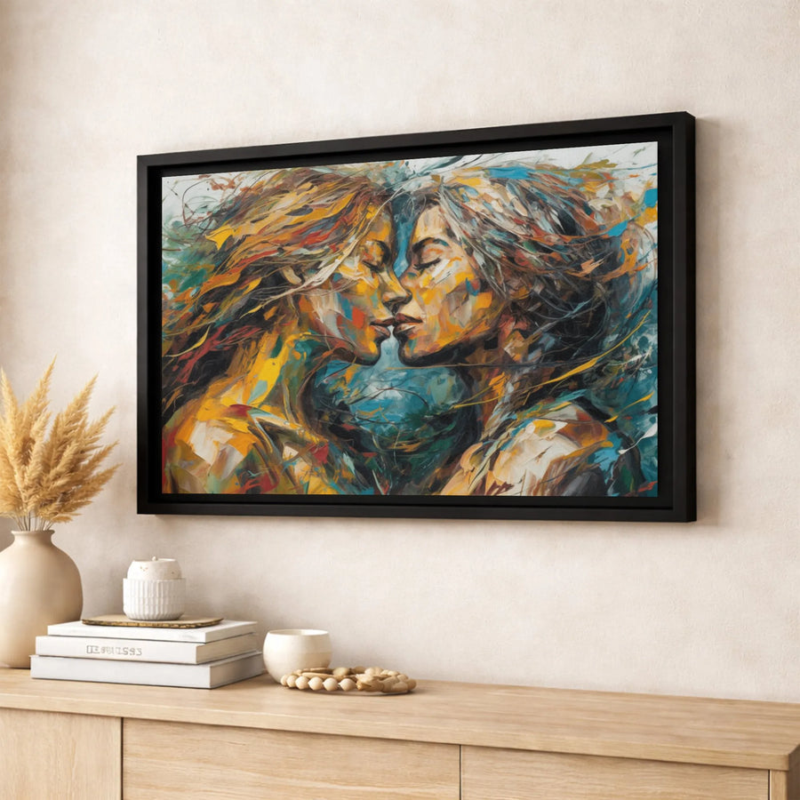 Abstract Lesbian Couple Kissing Canvas Art | Romantic LGBTQ+ Fine Art Print | Premium 1.25" Gallery Wrap | Modern Home Decor Wedding Gift