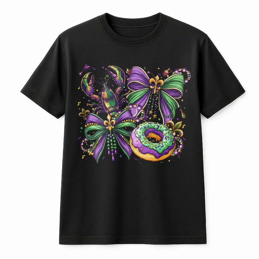 Mardi Gras Coquette Bow T-Shirt | Retro Lobster and King Cake Graphic Tee | Soft Cotton Carnival Shirt | Festive New Orleans Gift for Women